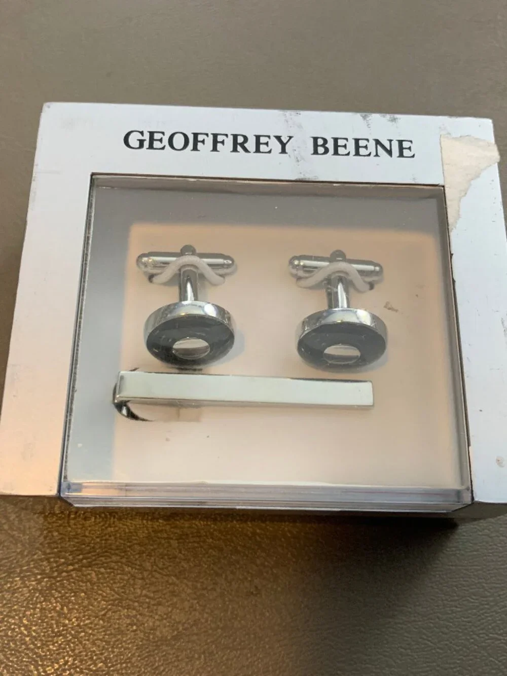 Geoffrey Beene Polished Rhodium Circle Cufflinks with Black Enamel and Tie Clip